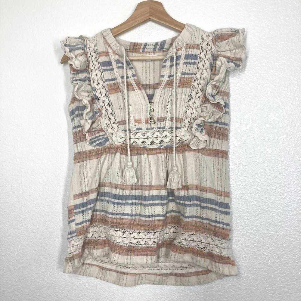 dRA Los Angeles Maisie Top Womens XS Boho Striped Ruffle Sleeve Lace Peasant